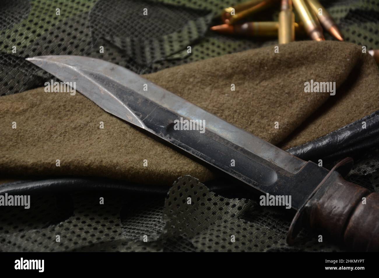 Coltello da combattimento tattico in acciaio inox, manico in pelle. Lama in  acciaio Damasco Foto stock - Alamy