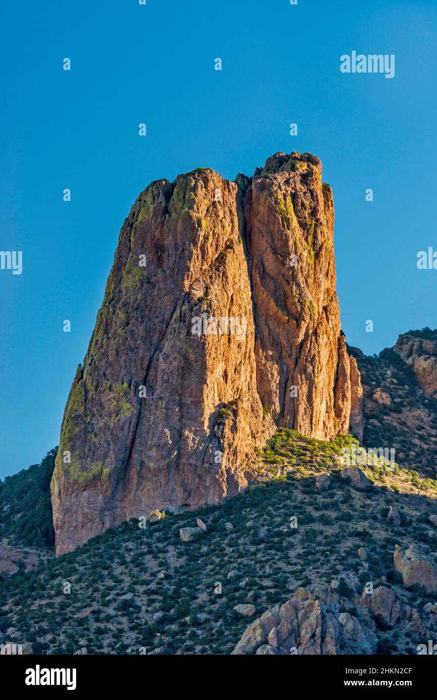 Monolite di roccia di Rhyolite sopra Sunny Flat Campground, Cave Creek Canyon, Coronado National Forest, Chiricahua Mountains, Near Portal, Arizona, Stati Uniti Foto Stock