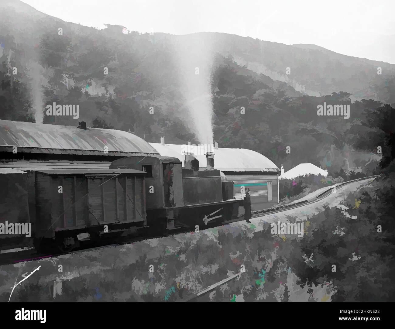 Arte ispirata da Fell Engine, Rimutaka Incline, studio Burton Brothers, studio fotografico, Nuova Zelanda, Processo a piastra asciutta in gelatina, opere classiche modernizzate da Artotop con un tuffo di modernità. Forme, colore e valore, impatto visivo accattivante sulle emozioni artistiche attraverso la libertà delle opere d'arte in modo contemporaneo. Un messaggio senza tempo che persegue una nuova direzione selvaggiamente creativa. Artisti che si rivolgono al supporto digitale e creano l'NFT Artotop Foto Stock