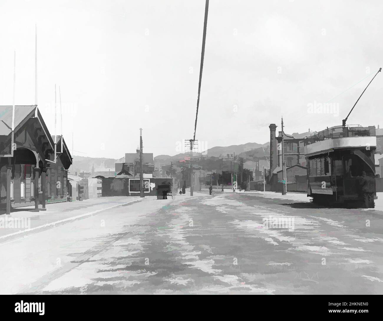 Arte ispirata a Wellington, dalla Stazione ferroviaria, Muir & Moodie studio, studio fotografico, circa 1904, Dunedin, gelatina dry plate process, opere classiche modernizzate da Artotop con un tuffo di modernità. Forme, colore e valore, impatto visivo accattivante sulle emozioni artistiche attraverso la libertà delle opere d'arte in modo contemporaneo. Un messaggio senza tempo che persegue una nuova direzione selvaggiamente creativa. Artisti che si rivolgono al supporto digitale e creano l'NFT Artotop Foto Stock