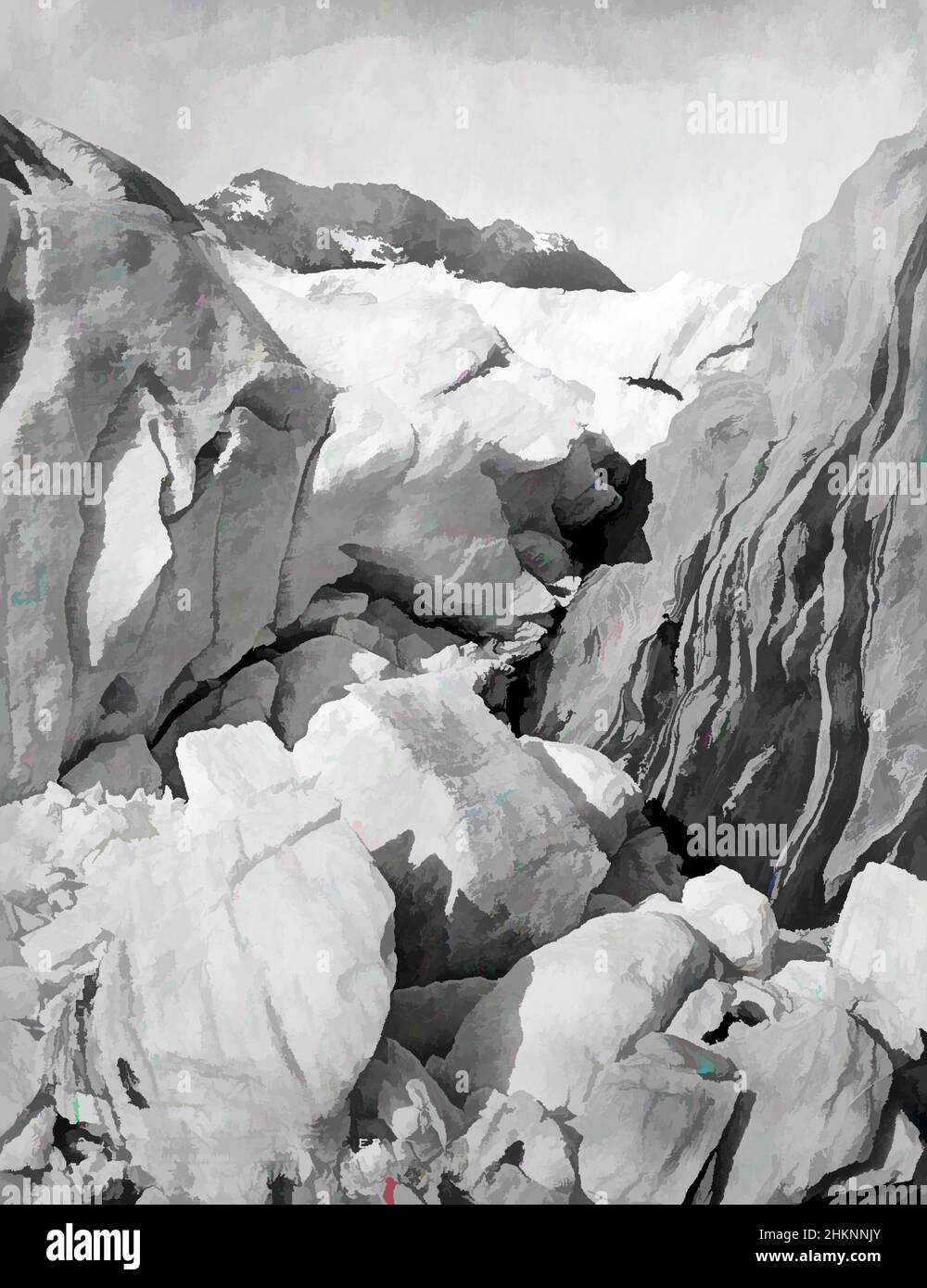 Arte ispirata da Francis Joseph Glacier, studio Burton Brothers, studio fotografico, 1870s, Dunedin, Processo di collodio umido, vista ravvicinata di grandi pezzi di ghiaccio. C'è un ripido tratto di roccia sulla destra con un uomo in piedi su una scala di corda, opere classiche modernizzate da Artotop con un tuffo di modernità. Forme, colore e valore, impatto visivo accattivante sulle emozioni artistiche attraverso la libertà delle opere d'arte in modo contemporaneo. Un messaggio senza tempo che persegue una nuova direzione selvaggiamente creativa. Artisti che si rivolgono al supporto digitale e creano l'NFT Artotop Foto Stock