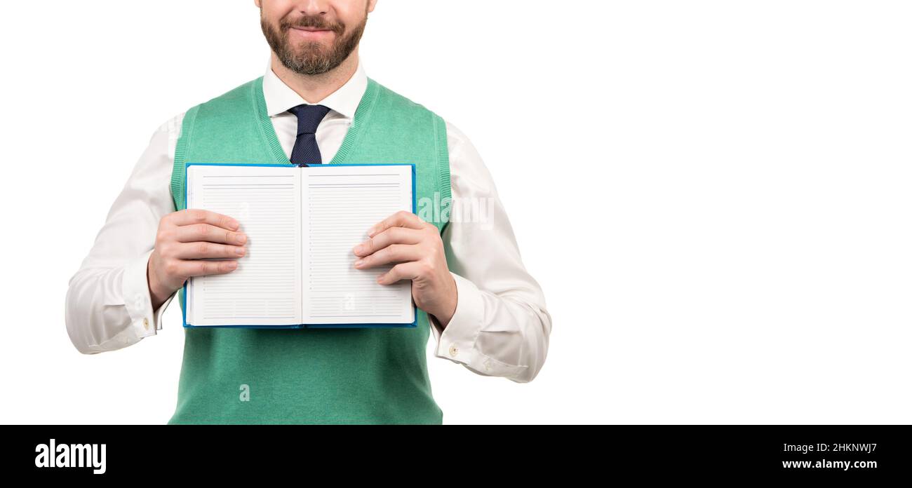 uomo d'affari tagliato con libro e posto per spazio copia isolato su sfondo bianco, bookman Foto Stock