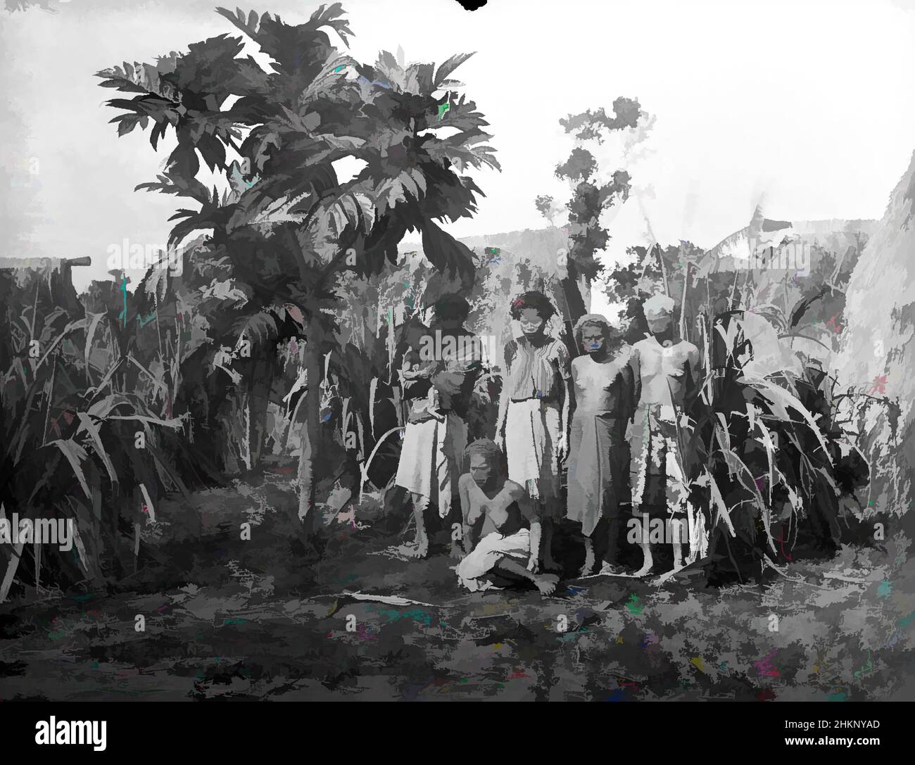 Arte ispirata dal villaggio Fijiano vicino a Suva, studio Burton Brothers, studio fotografico, 12 luglio 1884, Nuova Zelanda, Fotografia in bianco e nero, una donna seduta di fronte a quattro donne in standiing, una con il bambino nelle sue braccia. Un piccolo albero di breadfruit sta ombreggiando la donna con il bambino, dietro è, opere classiche modernizzate da Artotop con un tuffo di modernità. Forme, colore e valore, impatto visivo accattivante sulle emozioni artistiche attraverso la libertà delle opere d'arte in modo contemporaneo. Un messaggio senza tempo che persegue una nuova direzione selvaggiamente creativa. Artisti che si rivolgono al supporto digitale e creano l'NFT Artotop Foto Stock