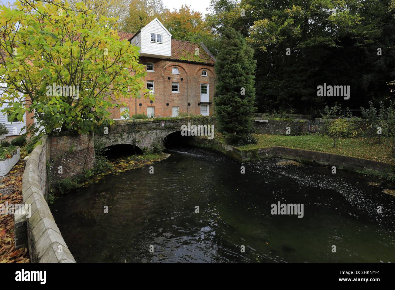 Vista di Narborough Mill, fiume Nar, villaggio di Narborough, Norfolk Nord, Inghilterra, REGNO UNITO Foto Stock