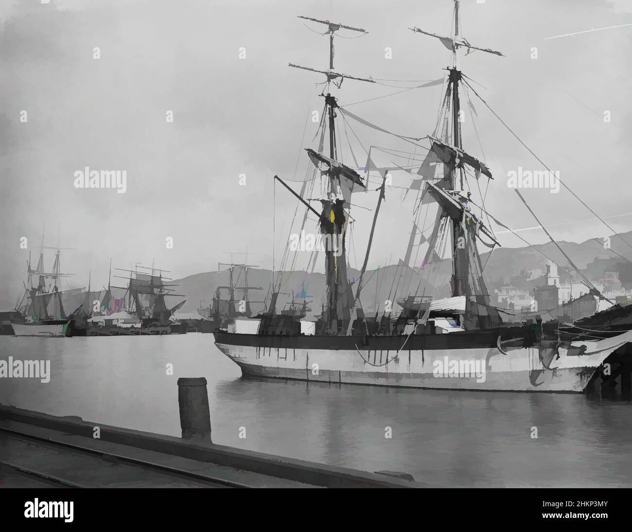 Arte ispirata a [Wellington dal molo], studio Burton Brothers, studio fotografico, 1880s, Dunedin, Processo piatto secco di gelatina, nave a vela al molo Wild Wave. Edificio dell'ufficio postale e torre dell'orologio sullo sfondo, opere classiche modernizzate da Artotop con un tuffo di modernità. Forme, colore e valore, impatto visivo accattivante sulle emozioni artistiche attraverso la libertà delle opere d'arte in modo contemporaneo. Un messaggio senza tempo che persegue una nuova direzione selvaggiamente creativa. Artisti che si rivolgono al supporto digitale e creano l'NFT Artotop Foto Stock