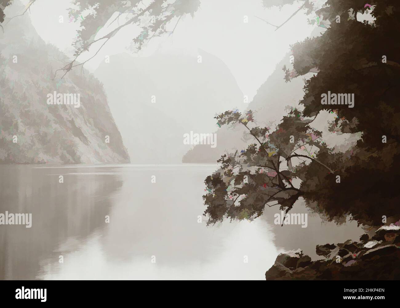 Arte ispirata da Hall's Arm, Looking Down, studio Burton Brothers, studio fotografico, 1885, Dunedin, fotografia in bianco e nero, raffigura Hall Arm, una stretta estensione di Doubtful Sound che si estende a sud del Parco Nazionale Fiordland, opere classiche modernizzate da Artotop con un tuffo di modernità. Forme, colore e valore, impatto visivo accattivante sulle emozioni artistiche attraverso la libertà delle opere d'arte in modo contemporaneo. Un messaggio senza tempo che persegue una nuova direzione selvaggiamente creativa. Artisti che si rivolgono al supporto digitale e creano l'NFT Artotop Foto Stock