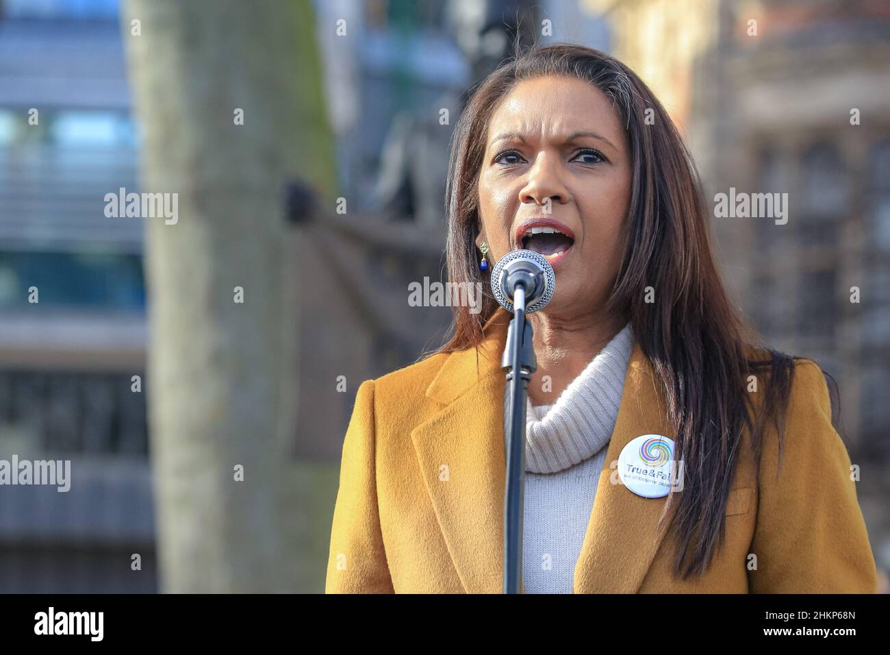 Londra, Regno Unito. 5th Feb 2021. Gina Miller, attivista e leader della campagna 'vero e giusto'. I manifestanti e gli oratori sono riuniti in Piazza del Parlamento per il raduno "No alle elezioni”, organizzato da Make Votes Matter, per sostenere la rappresentanza proporzionale in Parlamento. I relatori del partito trasversale sono Uniti da attivisti dei sindacati, fanno i voti la materia, i gruppi pro europei, pro democrazia e 'rassegnano le dimissioni Boris Johnson' manifestanti. Credit: Imagplotter/Alamy Live News Foto Stock