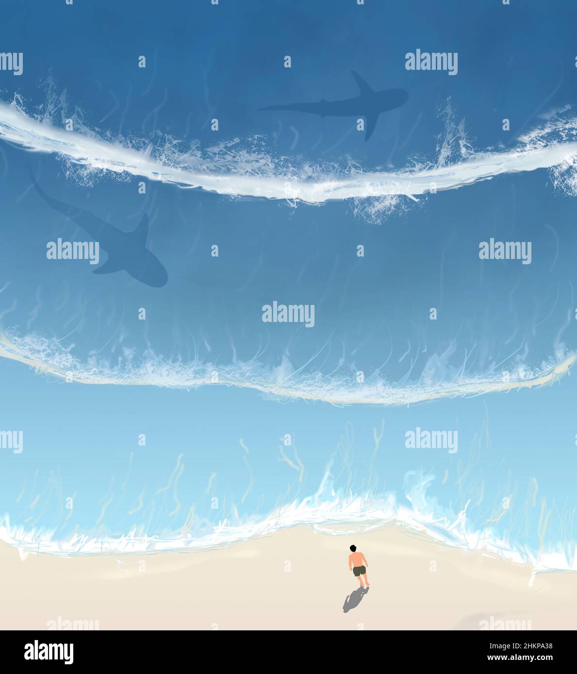 Un uomo si erge su una spiaggia come uno squalo toro e uno squalo scogliera che nuotano in questa illustrazione di 3-d sui pericoli del nuoto nell'oceano. Spazio per le copie disponibile Foto Stock