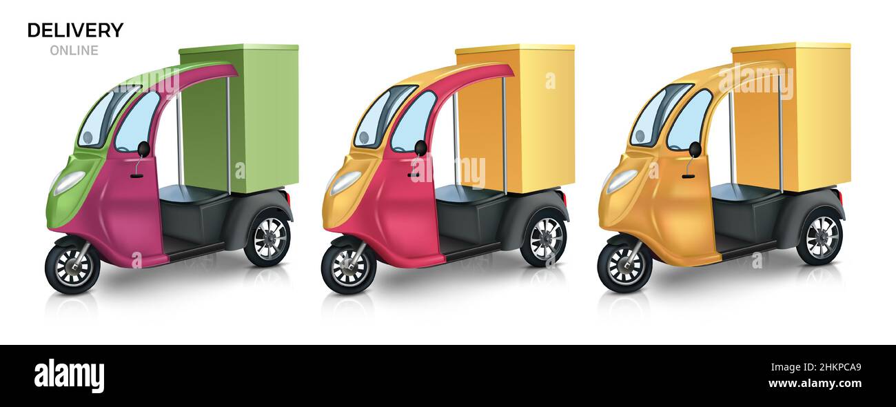 Set di scooter per la consegna online di generi alimentari. Furgone consegna generi alimentari 3D illustrazione realistica. Isolato su sfondo bianco. Vettore. Illustrazione Vettoriale