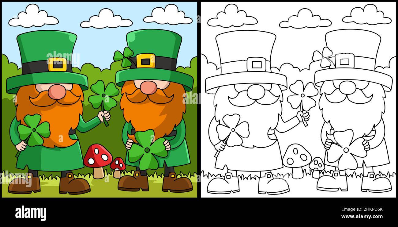 San Patricks Day 2 Gnomes Coloring Page Vector Illustrazione Vettoriale