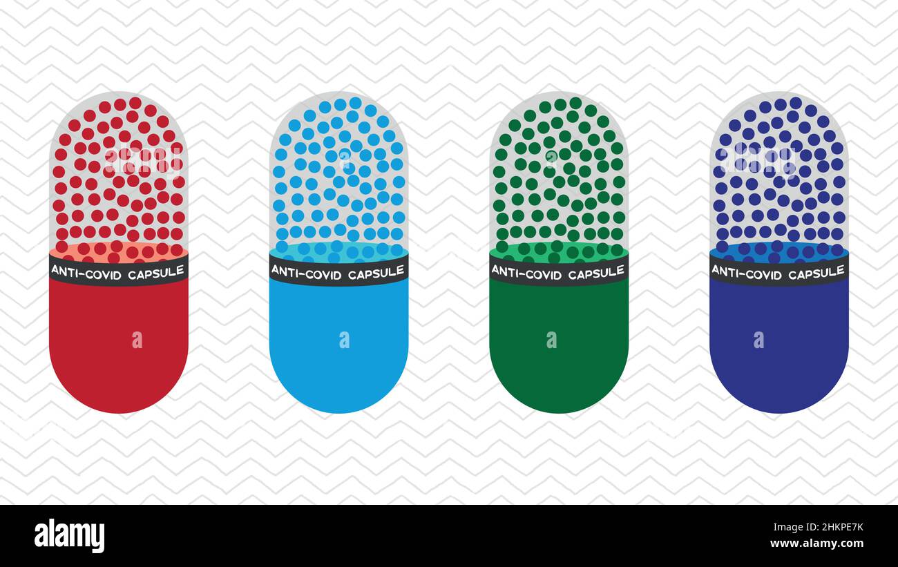 Icona capsula anti COVID impostata con colori diversi in formato vettoriale. COVID-19 pillola concetto per pubblicazione medica. Illustrazione Vettoriale