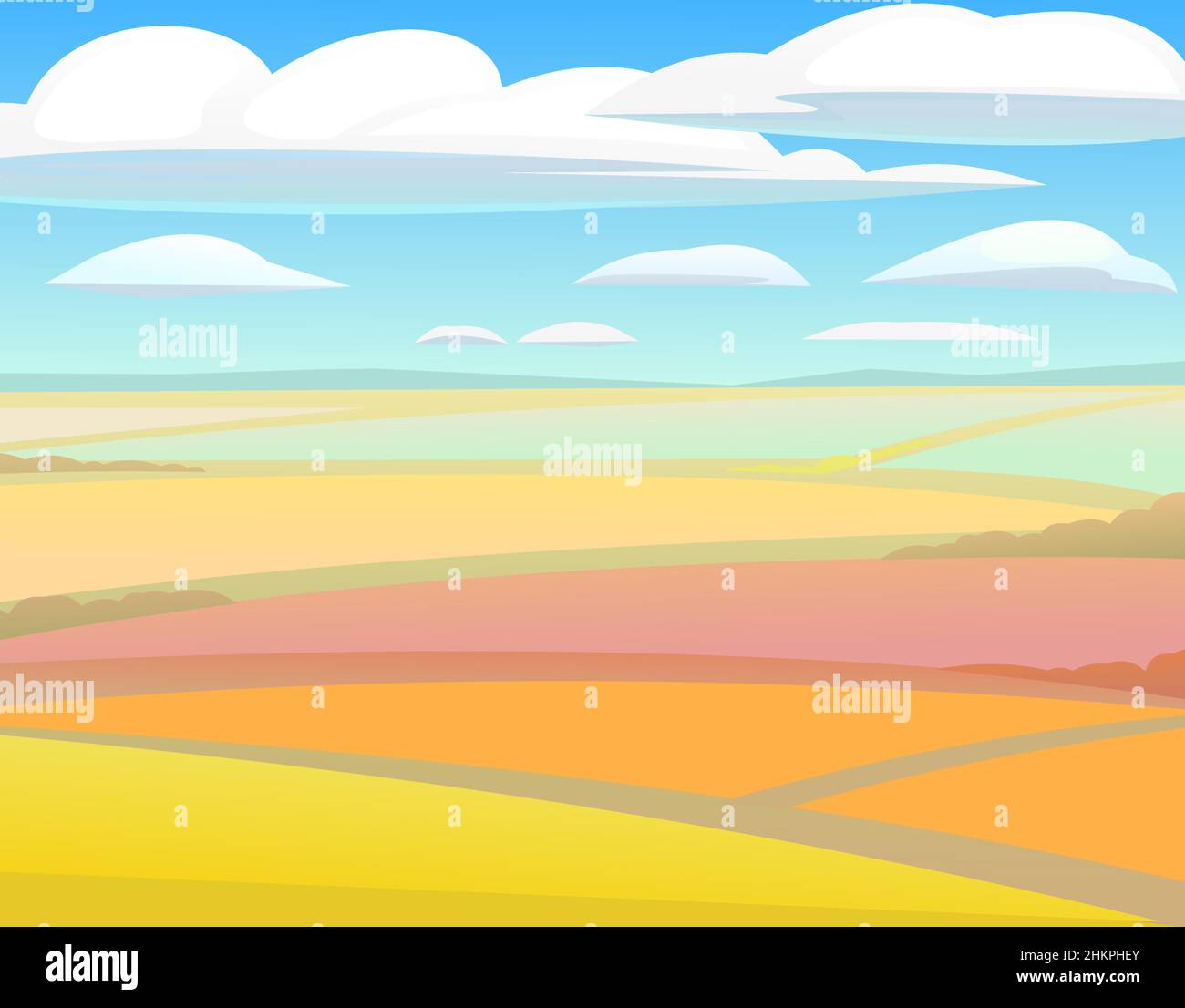 Bellissimo paesaggio rurale autunno. Fauna selvatica rustica. Villaggio è pascolo e orto. Colori brillanti. Tempo di raccolta dell'anno. Giallo e arancione Illustrazione Vettoriale