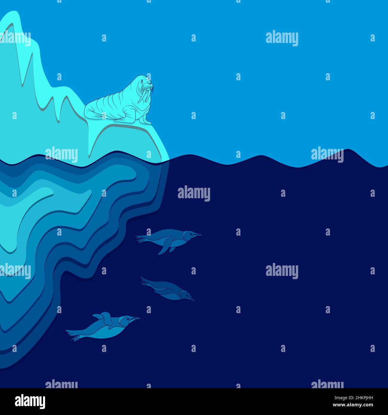 Illustrazione con iceberg, valro e pinguini. Sfondo colorato vettoriale. Illustrazione Vettoriale
