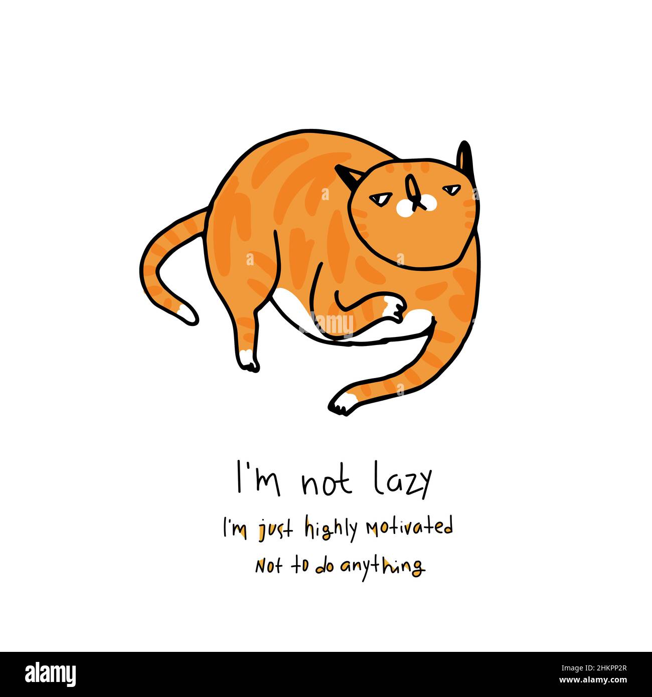 Zenzero gatto pigro mentare. Simpatico personaggio gatto rosso in stile fumetto. Carismatica illustrazione di gattino grasso con testo di scritta di citazione di scherzo a den Illustrazione Vettoriale