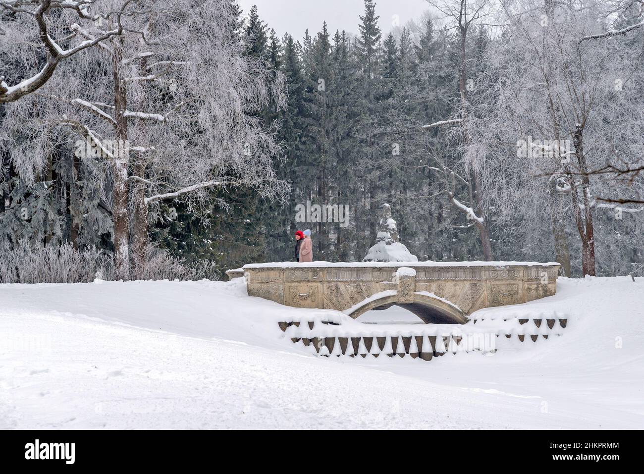 Tsarskoye Selo, San Pietroburgo, Russia – 24 febbraio 2021: La gente cammina attraverso il ponte sul vicolo della parte Landscpe del Parco di Caterina. Foto Stock
