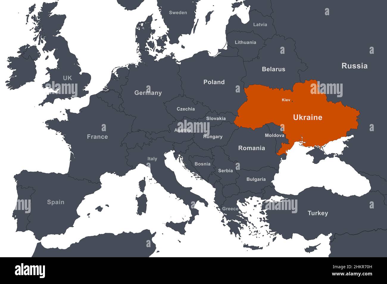 L'Ucraina in Europa carta di contorno con frontiere. Mappa politica con regione del Mar Nero e territorio di Russia, Crimea, Bielorussia, Polonia e altri paesi. Foto Stock