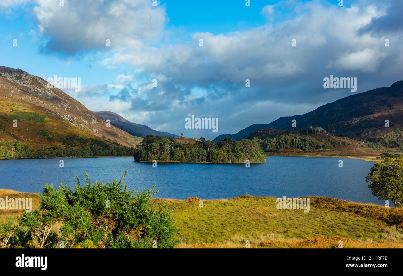 Autunno nel bellissimo e remoto Glen Strathfarrar nelle Highlands della Scozia con maestosi munroes, foreste e loch. Orizzontale e copyspace. Foto Stock