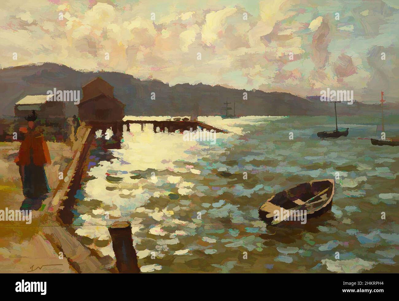 Arte ispirata da Wellington Harbour, James Nairn, artista, 1894, Wellington, Wellington Harbour fu un soggetto preferito dall'artista James M Nairn, uno che esplorò ripetutamente dal 1891after si stabilì a Wellington. Uno dei suoi interessi primari era quello degli effetti della luce sulla, opere classiche modernizzate da Artotop con un tuffo di modernità. Forme, colore e valore, impatto visivo accattivante sulle emozioni artistiche attraverso la libertà delle opere d'arte in modo contemporaneo. Un messaggio senza tempo che persegue una nuova direzione selvaggiamente creativa. Artisti che si rivolgono al supporto digitale e creano l'NFT Artotop Foto Stock