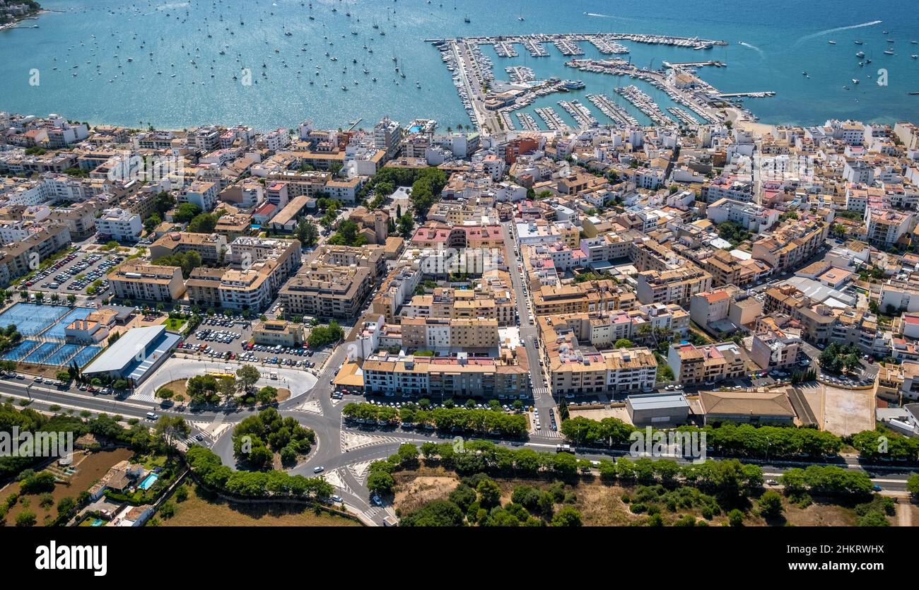 Veduta aerea, Baia e Port de Pollensa, Pollensa, Maiorca, Isole Baleari, Spagna, Es, Europe, Porto, Porto di Pollenca, Porto di Pollenca, vista aerea, Foto Stock
