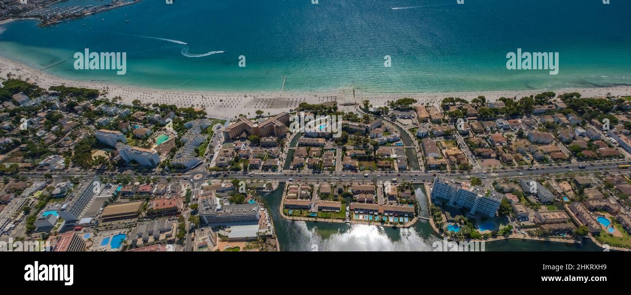 Veduta aerea, Allsun Hotel Orquidea Playa, spiaggia di Platja d'Alcúdia, Alcúdia, Maiorca, Isole Baleari, Spagna, ES, Europa, l'hotel e i suoi servizi, vista aerea Foto Stock