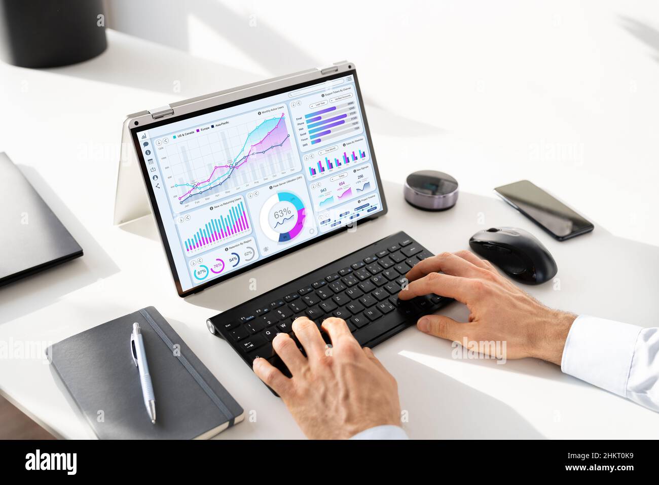 Dashboard dell'analista di dati KPI. Information Technology su notebook Foto Stock