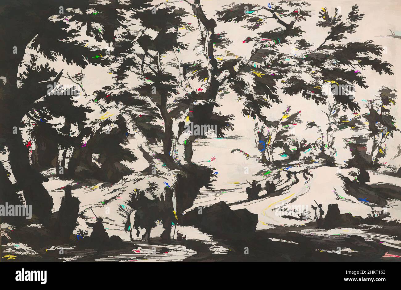 Arte ispirata al paesaggio con, in primo piano a sinistra, un uomo seduto sul bordo di un bosco e che dà direzione ad un cavaliere e il suo servo, oltre a destra, due figure sul lato della strada, e altri tre più indietro., Jan van Huchtenburg, etcher, dopo il 1667, etching, Jan, Classic opere modernizzate da Artotop con un tuffo di modernità. Forme, colore e valore, impatto visivo accattivante sulle emozioni artistiche attraverso la libertà delle opere d'arte in modo contemporaneo. Un messaggio senza tempo che persegue una nuova direzione selvaggiamente creativa. Artisti che si rivolgono al supporto digitale e creano l'NFT Artotop Foto Stock