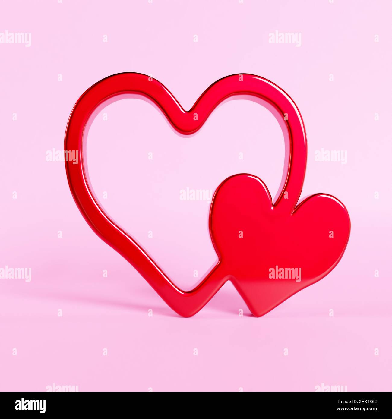3D rendering di due forme di cuore rosso collegate su sfondo rosa Foto Stock