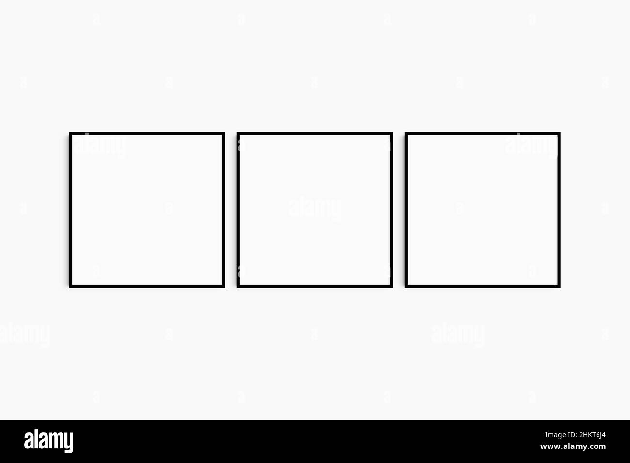 Telaio mockup 1:1 quadrato. Set di tre sottili cornici quadrate nere. Pulito, moderno, minimalista, luminoso mockup parete galleria, set di 3 cornici. Foto Stock