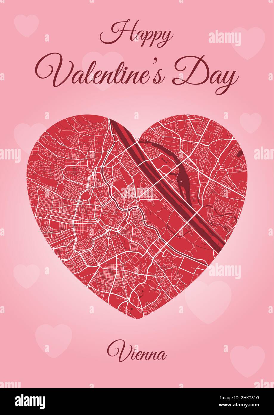 Da Vienna con carta d'amore, mappa della città a forma di cuore. Immagine vettoriale verticale A4 rosa e rosso. Amore città viaggio paesaggio urbano. Illustrazione Vettoriale