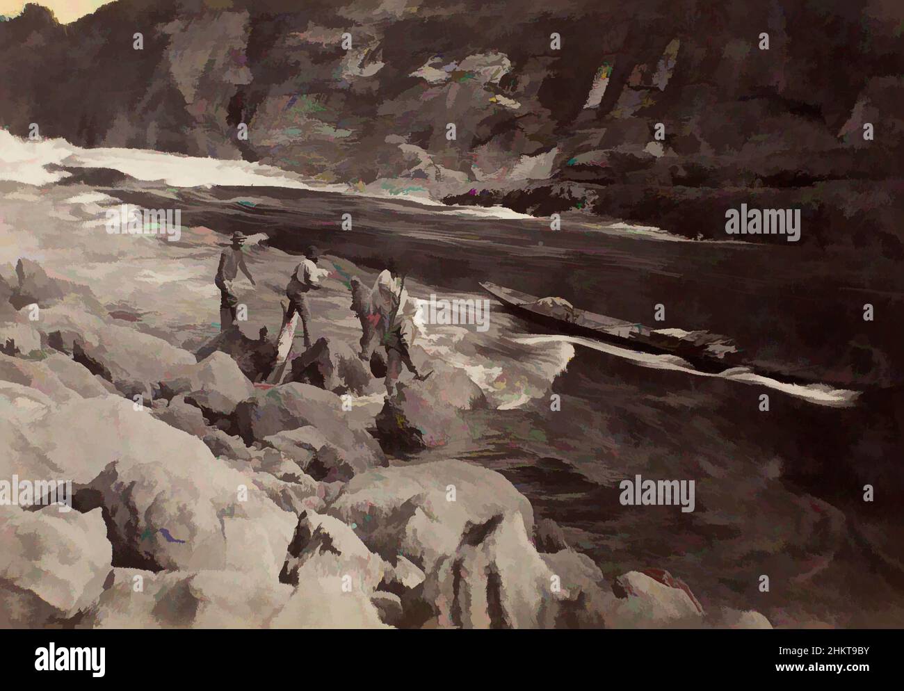 Arte ispirata da Tahepokiore Rapid, Wanganui River, King Country, Burton Brothers studio, studio di fotografia, 1885, Dunedin, fotografia in bianco e nero, opere classiche modernizzate da Artotop con un tuffo di modernità. Forme, colore e valore, impatto visivo accattivante sulle emozioni artistiche attraverso la libertà delle opere d'arte in modo contemporaneo. Un messaggio senza tempo che persegue una nuova direzione selvaggiamente creativa. Artisti che si rivolgono al supporto digitale e creano l'NFT Artotop Foto Stock