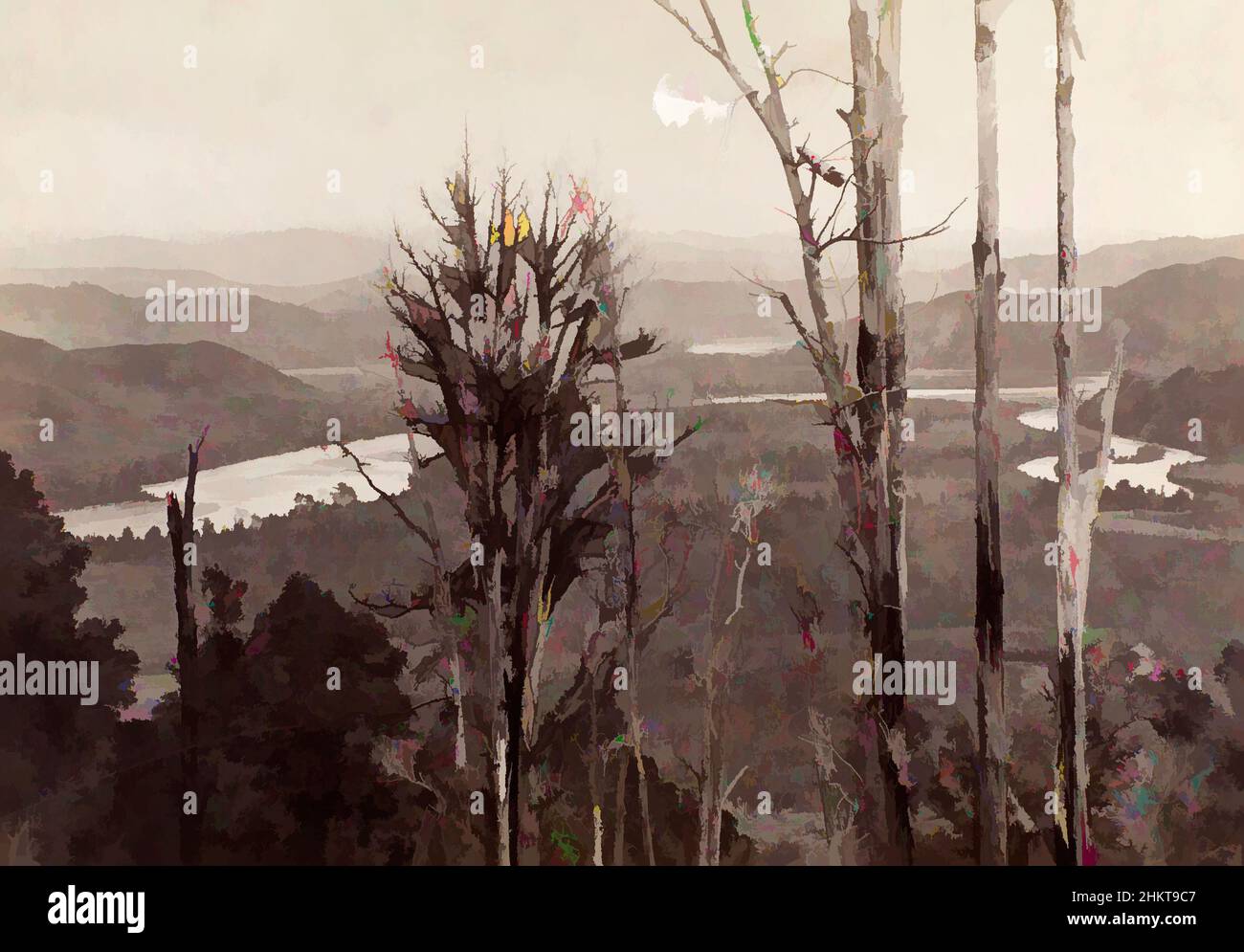 Arte ispirata da Junction of Wanganui e Ongaruhe Rivers, King Country, Burton Brothers studio, studio di fotografia, 1885, Dunedin, fotografia in bianco e nero, opere classiche modernizzate da Artotop con un tuffo di modernità. Forme, colore e valore, impatto visivo accattivante sulle emozioni artistiche attraverso la libertà delle opere d'arte in modo contemporaneo. Un messaggio senza tempo che persegue una nuova direzione selvaggiamente creativa. Artisti che si rivolgono al supporto digitale e creano l'NFT Artotop Foto Stock