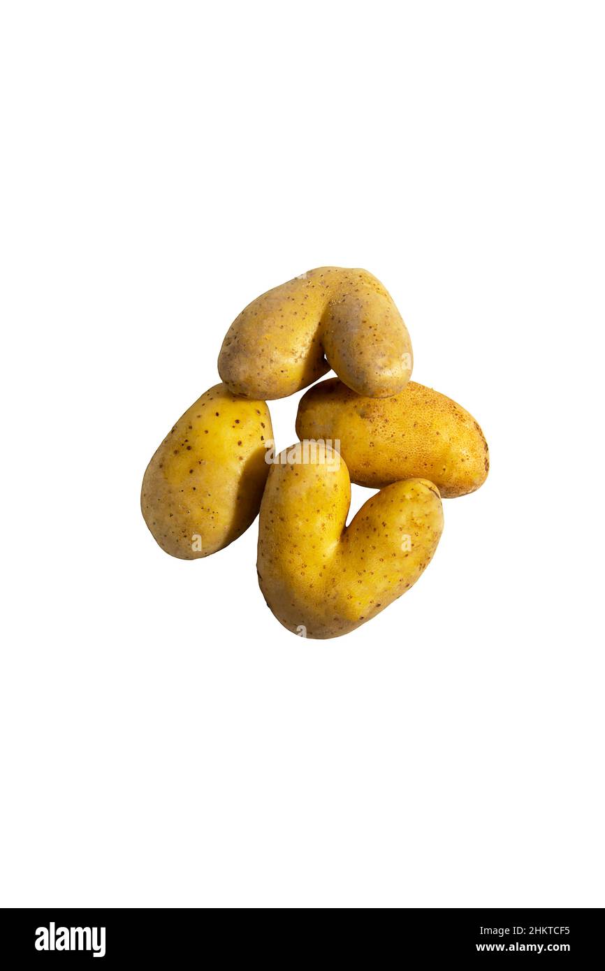 Gruppo di patate crude su sfondo bianco. Due patate a forma di cuore. Isolare. Stile di vita. Fotografia verticale. Foto Stock