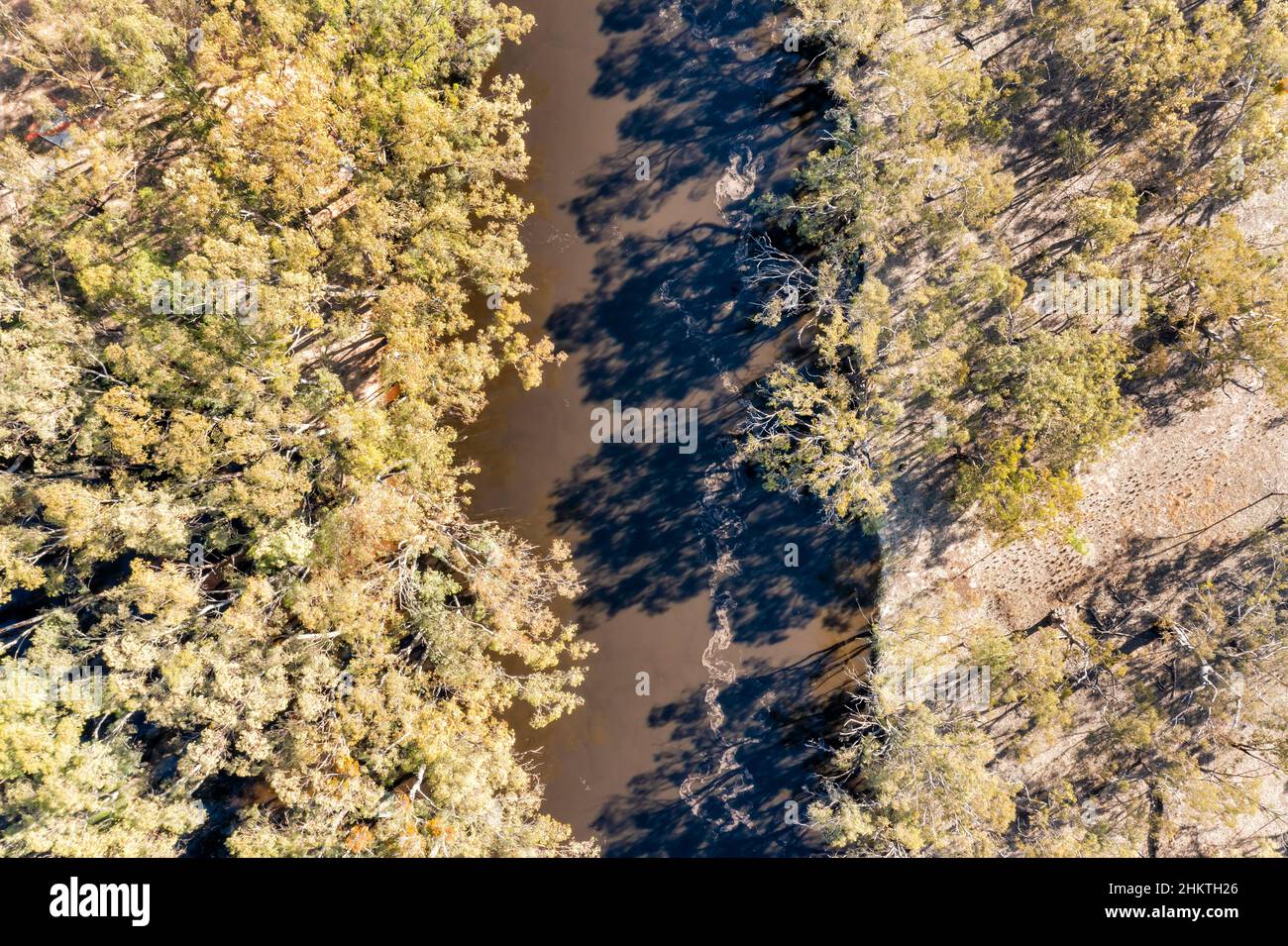 Attraverso il fiume Murrumbidgee nell'entroterra australiano intorno alla città di Balranald - paesaggio aereo in cima giù. Foto Stock