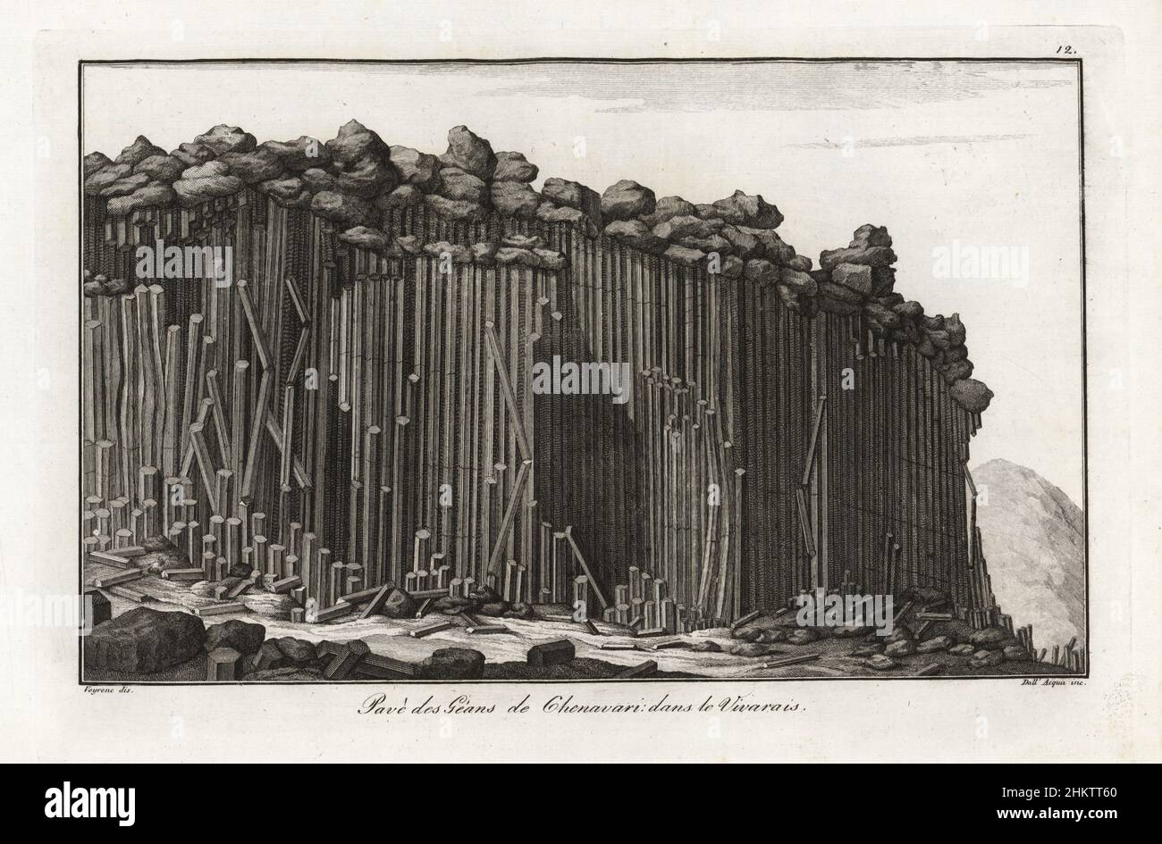 Colonnato di prismi basaltici o strada rialzata del gigante vicino al vulcano estinto Chenavari Peak, Vivarais / Ardeche gamma. Dopo un disegno di Veyrenc in Barthelemy Faujas de Saint-Fond's Recherches sur les volcans eteints, 1778. Pave des Geans de Chenavari dans le Vivarais. Incisione in copperplate di Giuseppe Dall'acqua da Traite sur la Structure exterieure du Globe di Scipion Breislak, Treatise sulla struttura esterna del Globe, Jean-Pierre Giegler, Milano, 1822. Foto Stock