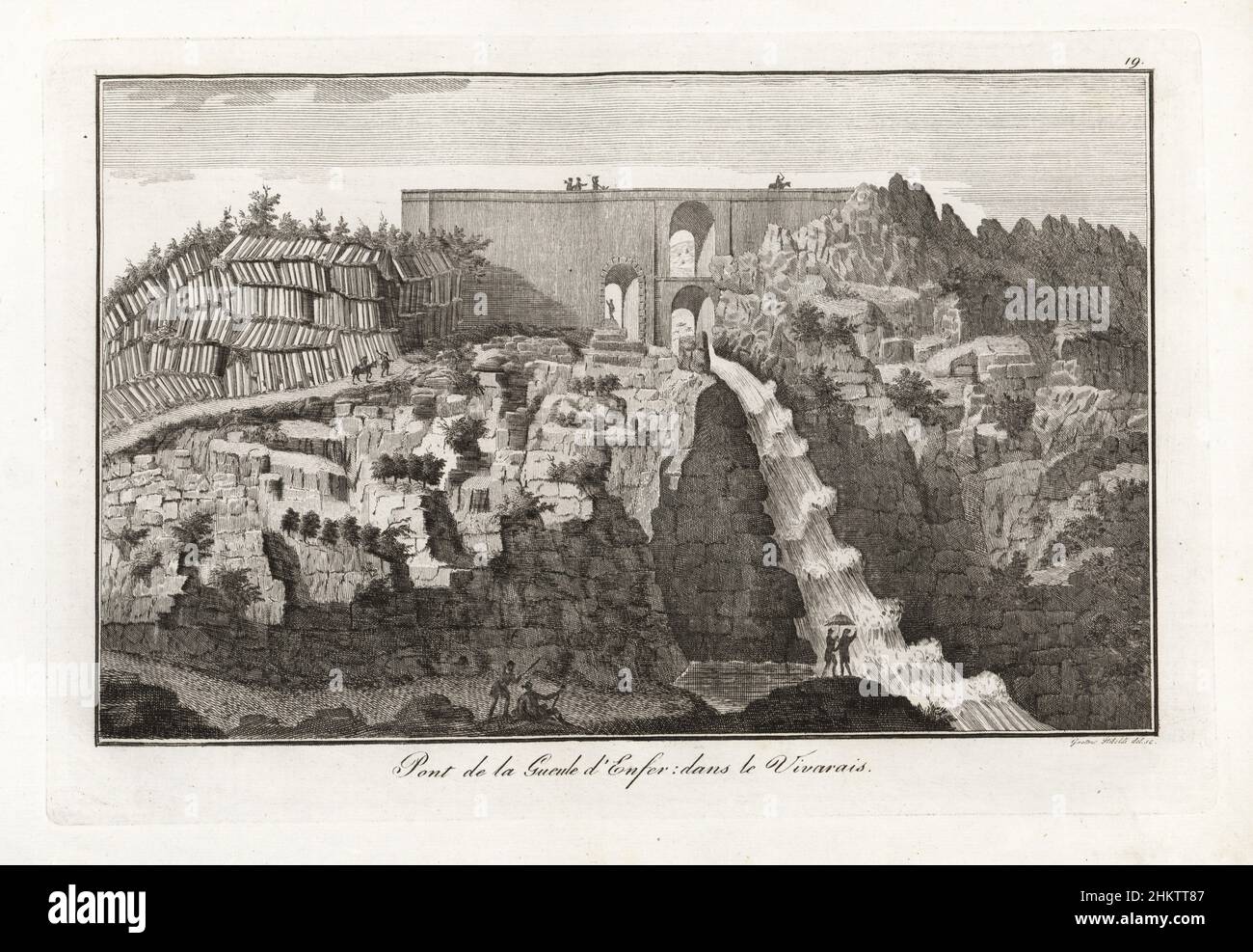 Geologi con un ombrello al Ponte alle ganasce dell'Inferno vicino Thueyts nel Vivarais. Il ponte è costruito su prismi basaltico a sinistra e granito duro a destra. Sotto il ponte si sgorga una gigantesca cascata. Pont de la Gueule d'Enfer dans le Vivarais. Incisione in copperplate del pittore milanese Gaetano Riboldi del Traite sur la Structure exterieure du Globe di Sion Breislak, Treatise on the Exteriure of the Globe, Jean-Pierre Giegler, Milano, 1822. Foto Stock