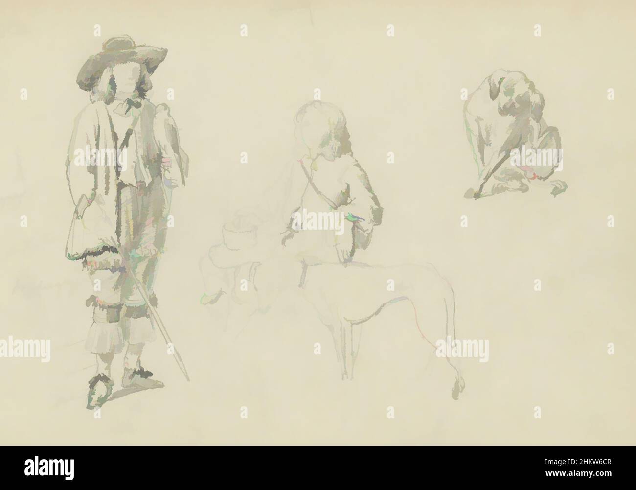 Arte ispirata da Left a standing boy. Accanto a lui un ragazzo seduto con un cappello in grembo. Con lui un cane. In alto a destra un altro cane. Due ragazzi e due cani. Olanda, opere classiche modernizzate da Artotop con un tuffo di modernità. Forme, colore e valore, impatto visivo accattivante sulle emozioni artistiche attraverso la libertà delle opere d'arte in modo contemporaneo. Un messaggio senza tempo che persegue una nuova direzione selvaggiamente creativa. Artisti che si rivolgono al supporto digitale e creano l'NFT Artotop Foto Stock