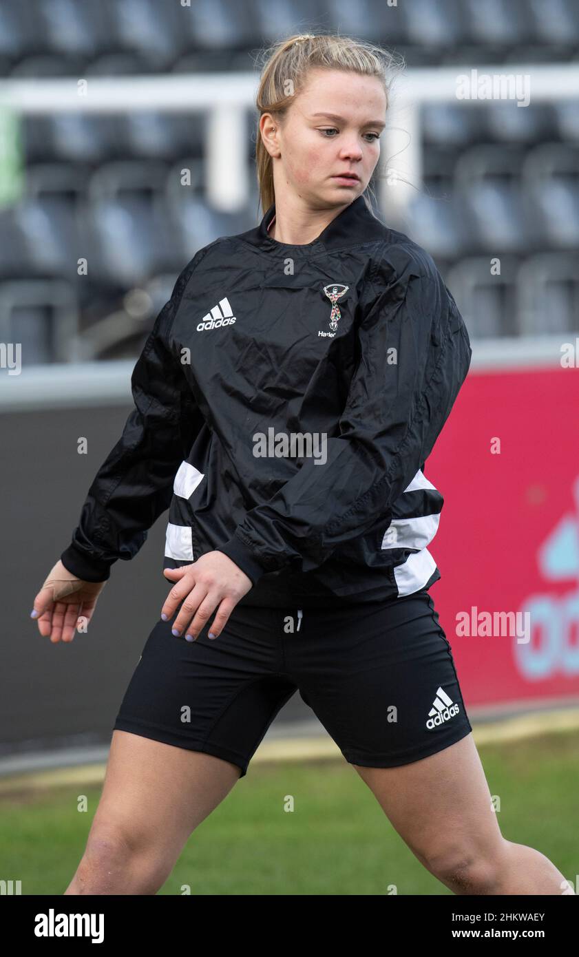 TWICKENHAM - INGHILTERRA 5 FEB 22: Ellie Green of Harlequins in azione durante le Harlequins Women / Saracens Women, Twickenham Stoop, Londra UK il 5th febbraio 2022. Foto di Gary Mitchell/Alamy Live News Foto Stock
