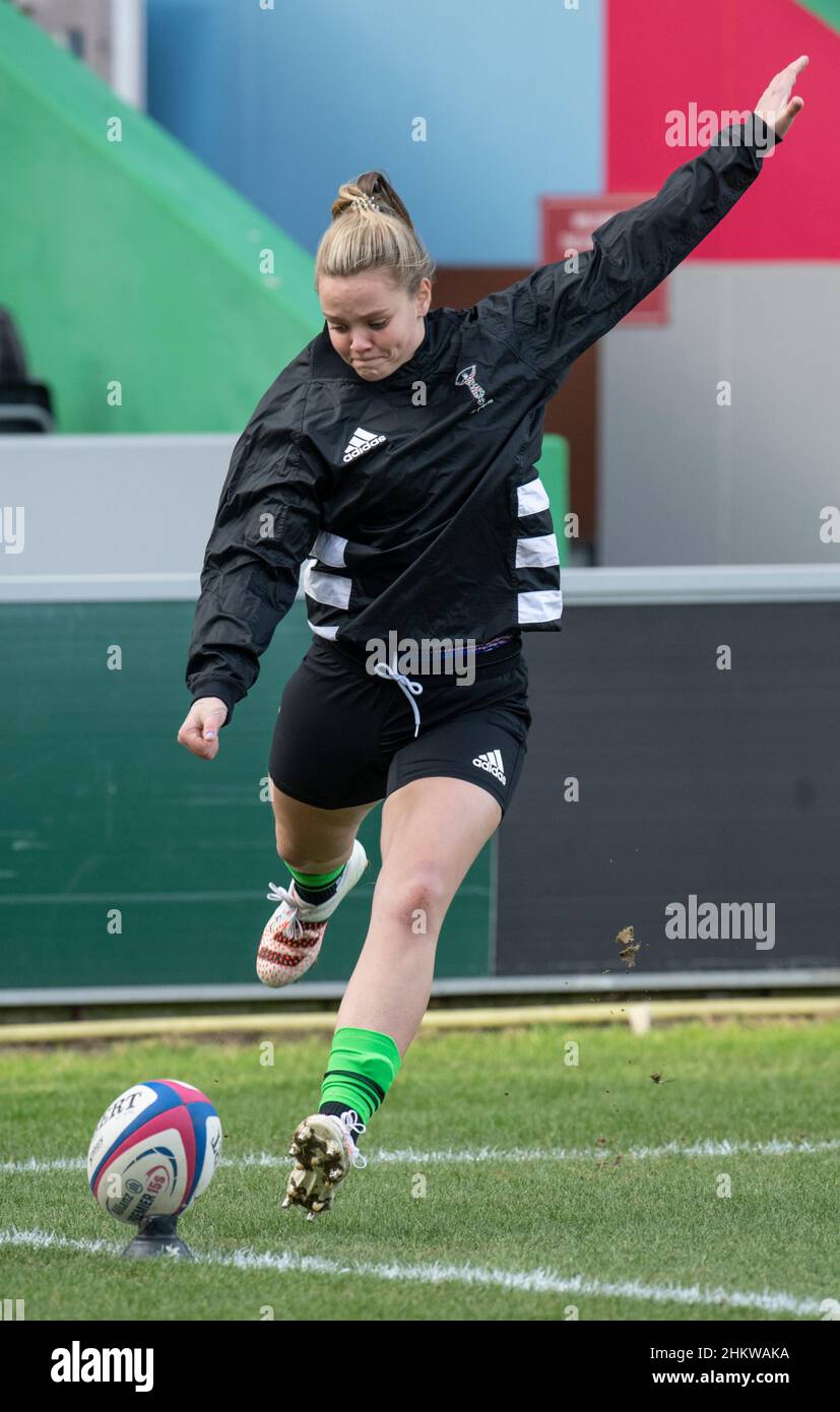 TWICKENHAM - INGHILTERRA 5 FEB 22: Ellie Green of Harlequins in azione durante le Harlequins Women / Saracens Women, Twickenham Stoop, Londra UK il 5th febbraio 2022. Foto di Gary Mitchell/Alamy Live News Foto Stock