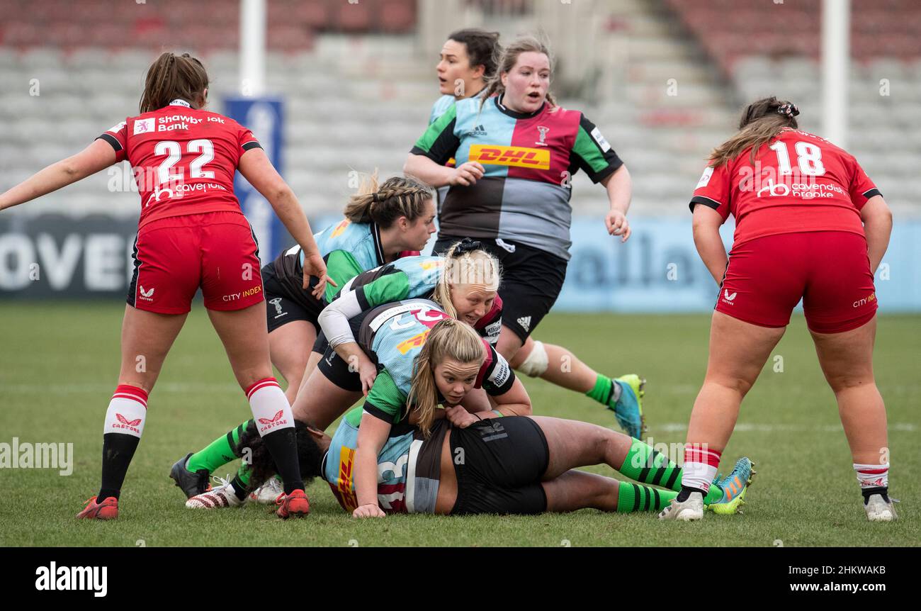 TWICKENHAM - INGHILTERRA 5 FEB 22: Ellie Green of Harlequins in azione durante le Harlequins Women / Saracens Women, Twickenham Stoop, Londra UK il 5th febbraio 2022. Foto di Gary Mitchell/Alamy Live News Foto Stock