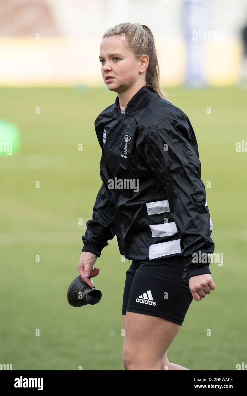TWICKENHAM - INGHILTERRA 5 FEB 22: Ellie Green of Harlequins in azione durante le Harlequins Women / Saracens Women, Twickenham Stoop, Londra UK il 5th febbraio 2022. Foto di Gary Mitchell/Alamy Live News Foto Stock