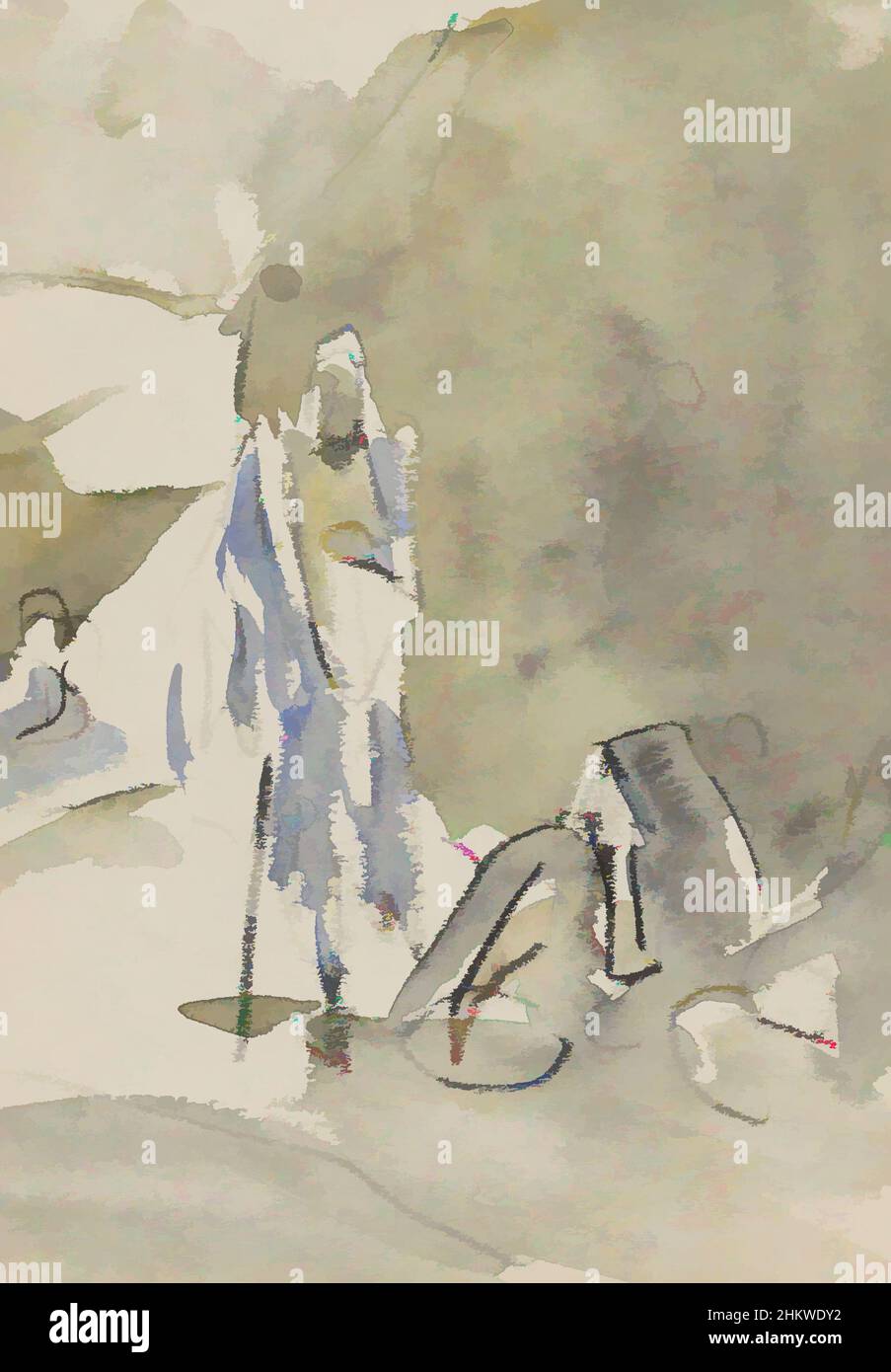 L'arte ispirata dall'uomo cammina su un sentiero lungo il quale sono seduti alcuni personaggi. Egiziano con bastone da passeggio. Luxor, opere classiche modernizzate da Artotop con un tuffo di modernità. Forme, colore e valore, impatto visivo accattivante sulle emozioni artistiche attraverso la libertà delle opere d'arte in modo contemporaneo. Un messaggio senza tempo che persegue una nuova direzione selvaggiamente creativa. Artisti che si rivolgono al supporto digitale e creano l'NFT Artotop Foto Stock