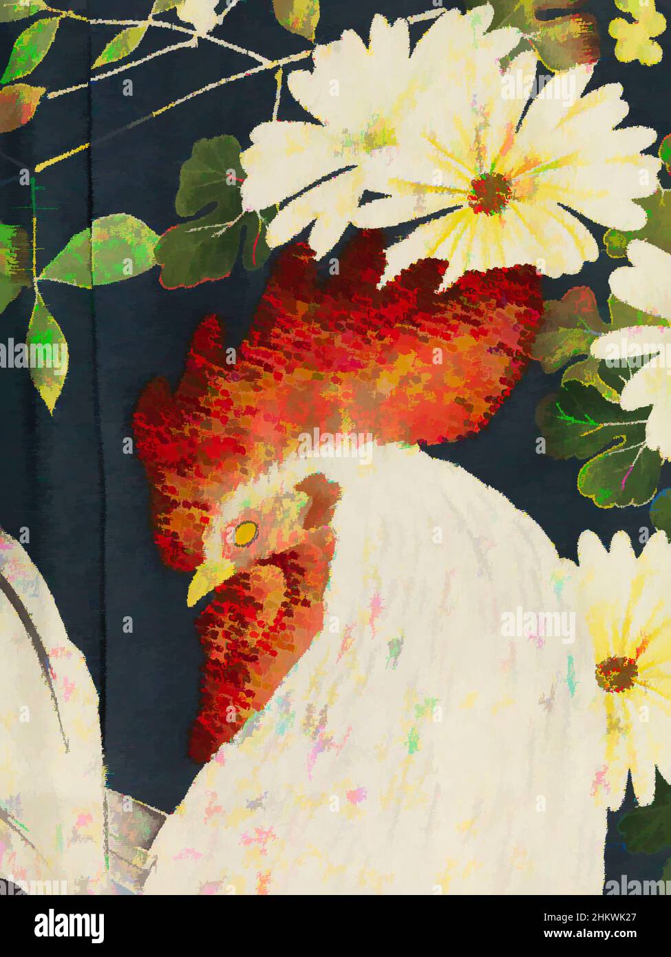 Arte ispirata al kimono femminile decorato con polli e cockerel, Iro-tomesode con galli e galline, kimono femminile semi-formale colorato (iro-tomesode), con una decorazione all'interno e all'esterno dei pannelli frontali di galline e cockerelle con crisantemi e nandina domestica (, opere classiche modernizzate da Artotop con un tuffo di modernità. Forme, colore e valore, impatto visivo accattivante sulle emozioni artistiche attraverso la libertà delle opere d'arte in modo contemporaneo. Un messaggio senza tempo che persegue una nuova direzione selvaggiamente creativa. Artisti che si rivolgono al supporto digitale e creano l'NFT Artotop Foto Stock