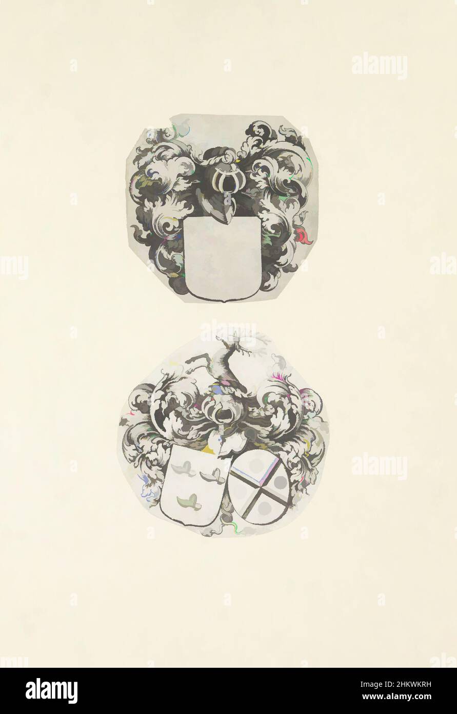 Arte ispirata da due braccia, due rappresentazioni su una foglia di album. Sulla parte superiore uno strato bianco delle braccia. Sotto di esso uno stemma con due scudi relativi alla famiglia Trip. Lo scudo sinistro con tre scarpe o tripli di legno. Una puntina emergente come segnale del casco. Le stampe fanno parte di un album, Classic opere modernizzate da Artotop con un tuffo di modernità. Forme, colore e valore, impatto visivo accattivante sulle emozioni artistiche attraverso la libertà delle opere d'arte in modo contemporaneo. Un messaggio senza tempo che persegue una nuova direzione selvaggiamente creativa. Artisti che si rivolgono al supporto digitale e creano l'NFT Artotop Foto Stock