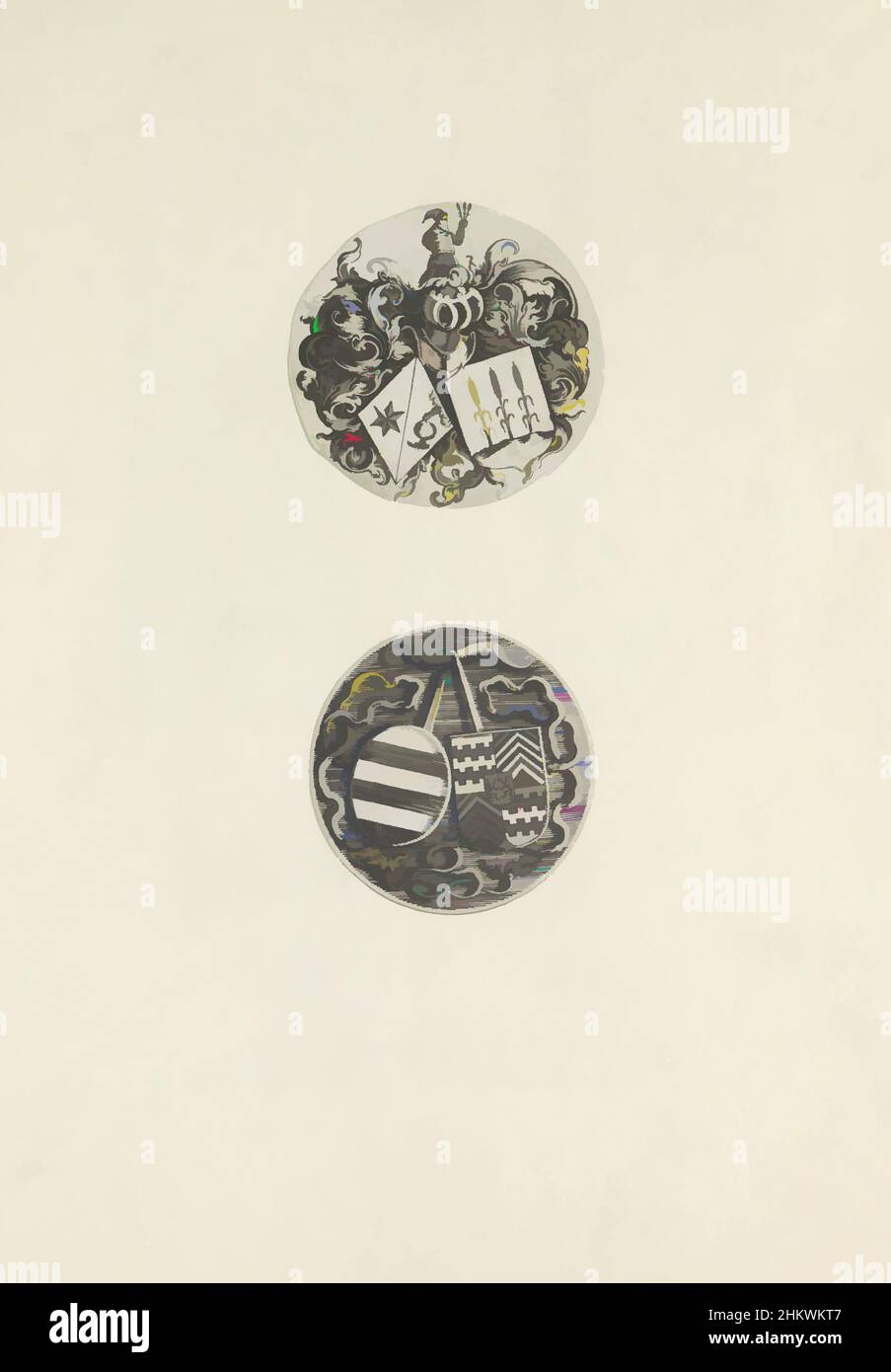 Arte ispirata da due braccia, due rappresentazioni su una pagina di album. Sulla parte superiore uno stemma con un doppio scudo. Sulla protezione destra ci sono tre stocchi di mais. Lo stemma sottostante è legato alla famiglia Van Egmond di Nijenburg. Le stampe fanno parte di un album., stampatore:, 1600 - 1699, opere classiche modernizzate da Artotop con un tuffo di modernità. Forme, colore e valore, impatto visivo accattivante sulle emozioni artistiche attraverso la libertà delle opere d'arte in modo contemporaneo. Un messaggio senza tempo che persegue una nuova direzione selvaggiamente creativa. Artisti che si rivolgono al supporto digitale e creano l'NFT Artotop Foto Stock