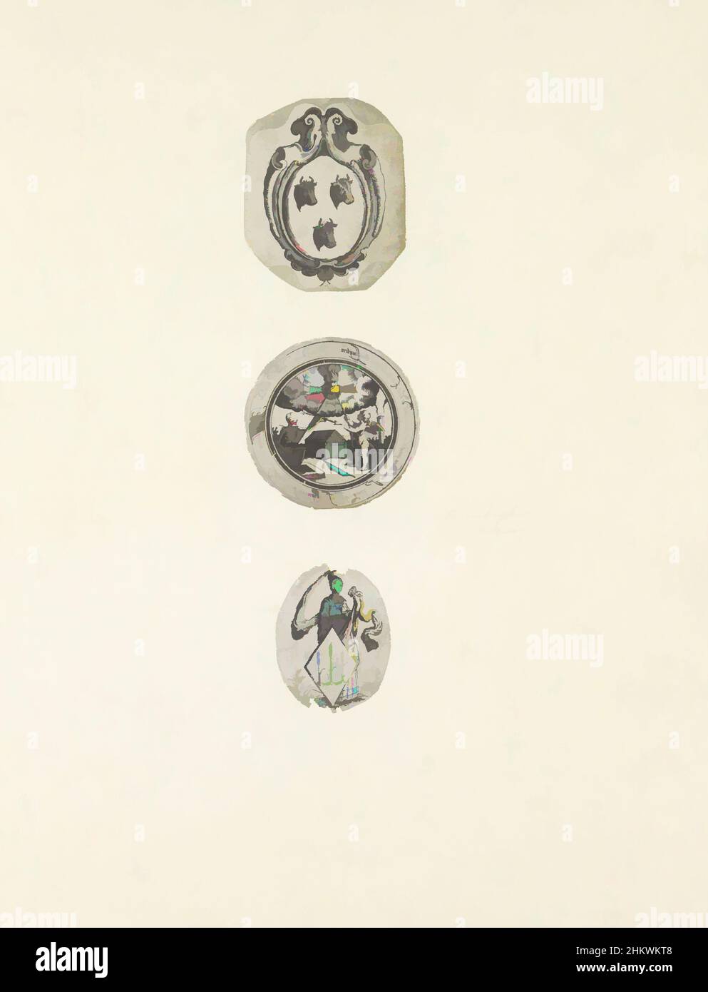 Arte ispirata da due braccia e una medaglia di matrimonio, tre rappresentazioni su una pagina di album. In cima una cartouche con tre teste di bue a destra. Sul fondo una damigella con una protezione con tre spighe di mais. La rappresentazione al centro è stampata da una medaglia di nozze. Il testo è uno specchio, opere classiche modernizzate da Artotop con un tuffo di modernità. Forme, colore e valore, impatto visivo accattivante sulle emozioni artistiche attraverso la libertà delle opere d'arte in modo contemporaneo. Un messaggio senza tempo che persegue una nuova direzione selvaggiamente creativa. Artisti che si rivolgono al supporto digitale e creano l'NFT Artotop Foto Stock