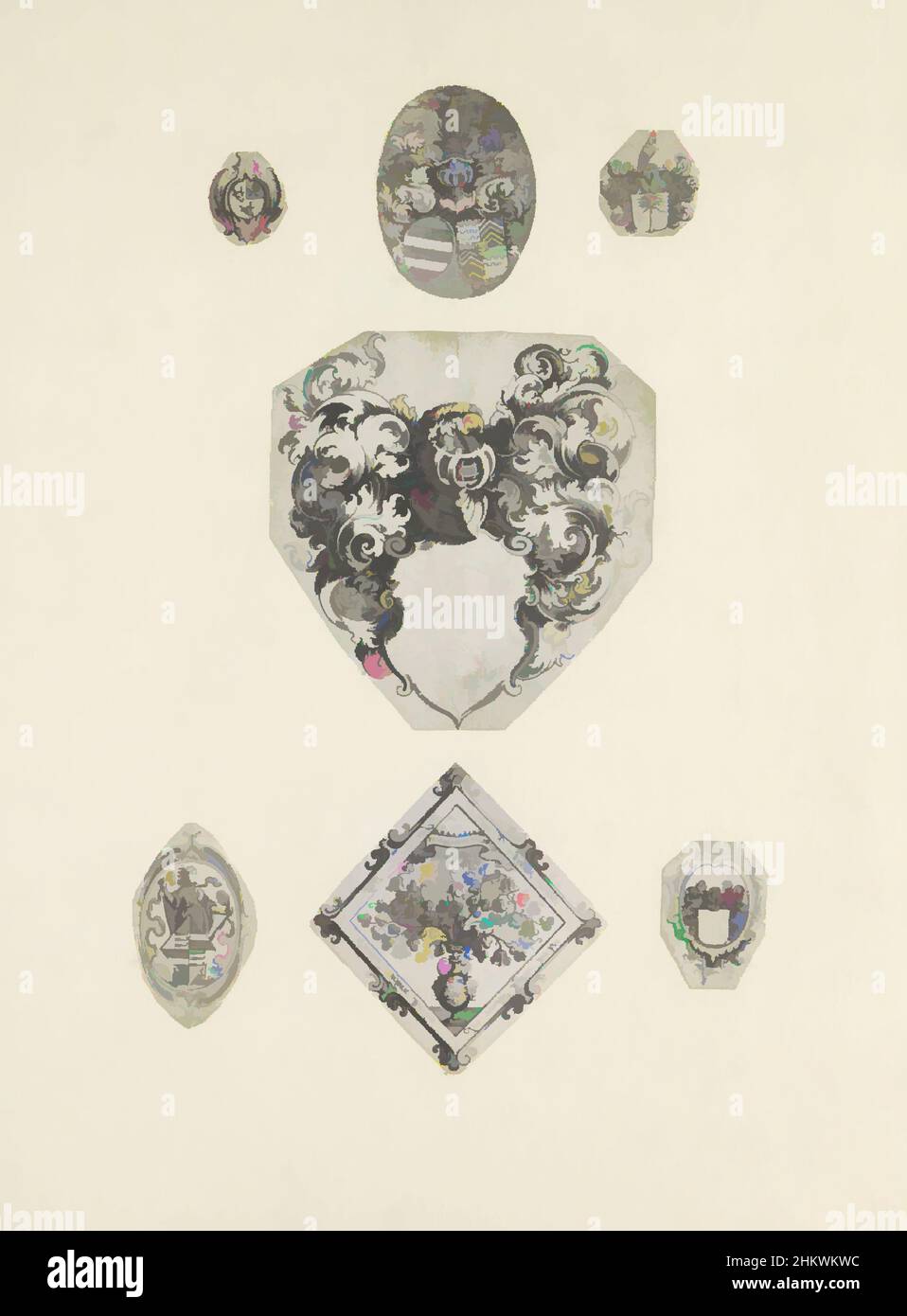 Arte ispirata a sei stemmi e un blazon rederico, sette rappresentazioni su una foglia di album. Top Center uno stemma legato alla famiglia Van Egmond di Nijenburg. Accanto ad esso uno scudo con un ramo di palma, e un pappagallo come segno casco. Lo scudo al centro con un casco non è, opere classiche modernizzate da Artotop con un tuffo di modernità. Forme, colore e valore, impatto visivo accattivante sulle emozioni artistiche attraverso la libertà delle opere d'arte in modo contemporaneo. Un messaggio senza tempo che persegue una nuova direzione selvaggiamente creativa. Artisti che si rivolgono al supporto digitale e creano l'NFT Artotop Foto Stock