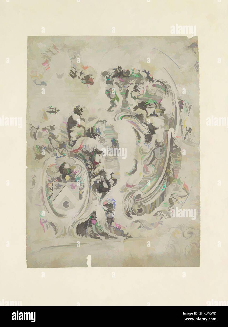 Arte ispirata a due cartozzi e tre maschere grottesche, sinistra una cartouche sormontata da un satiro maschile e femminile con caraffe. Al di sotto di quello, due capre reclinanti. A destra, la metà destra di un cartouche più grande con due giovani satiri che sostengono un cesto di frutta e un arpio. In alto a sinistra, opere classiche modernizzate da Artotop con un tuffo di modernità. Forme, colore e valore, impatto visivo accattivante sulle emozioni artistiche attraverso la libertà delle opere d'arte in modo contemporaneo. Un messaggio senza tempo che persegue una nuova direzione selvaggiamente creativa. Artisti che si rivolgono al supporto digitale e creano l'NFT Artotop Foto Stock