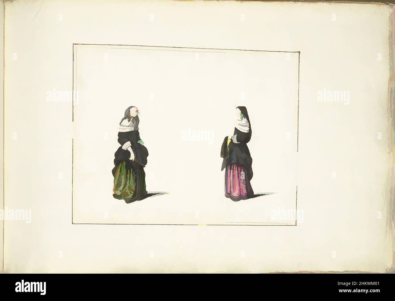 Arte ispirata a due donne in piedi, disegnatrice: Gesina ter Borch (firmata dall'artista), Zwolle, 1654, carta, pennello, Altezza 243 mm x larghezza 360 mm, opere classiche modernizzate da Artotop con un tocco di modernità. Forme, colore e valore, impatto visivo accattivante sulle emozioni artistiche attraverso la libertà delle opere d'arte in modo contemporaneo. Un messaggio senza tempo che persegue una nuova direzione selvaggiamente creativa. Artisti che si rivolgono al supporto digitale e creano l'NFT Artotop Foto Stock