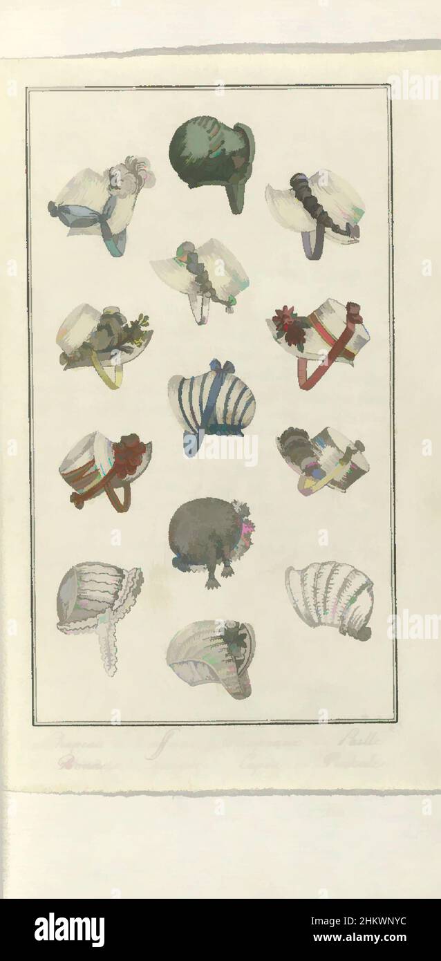 Arte ispirata da Elegantia, o rivista di moda, lusso e gusto per le Signore, 1809 giugno, n. 79: Chapeau de taffetas..., secondo il testo di accompagnamento (p.. 192): Tredici diversi modelli di cappelli di seta e paglia, cofani (cappellini) e capotes "secondo il gusto più recente". Secondo, opere classiche modernizzate da Artotop con un tuffo di modernità. Forme, colore e valore, impatto visivo accattivante sulle emozioni artistiche attraverso la libertà delle opere d'arte in modo contemporaneo. Un messaggio senza tempo che persegue una nuova direzione selvaggiamente creativa. Artisti che si rivolgono al supporto digitale e creano l'NFT Artotop Foto Stock