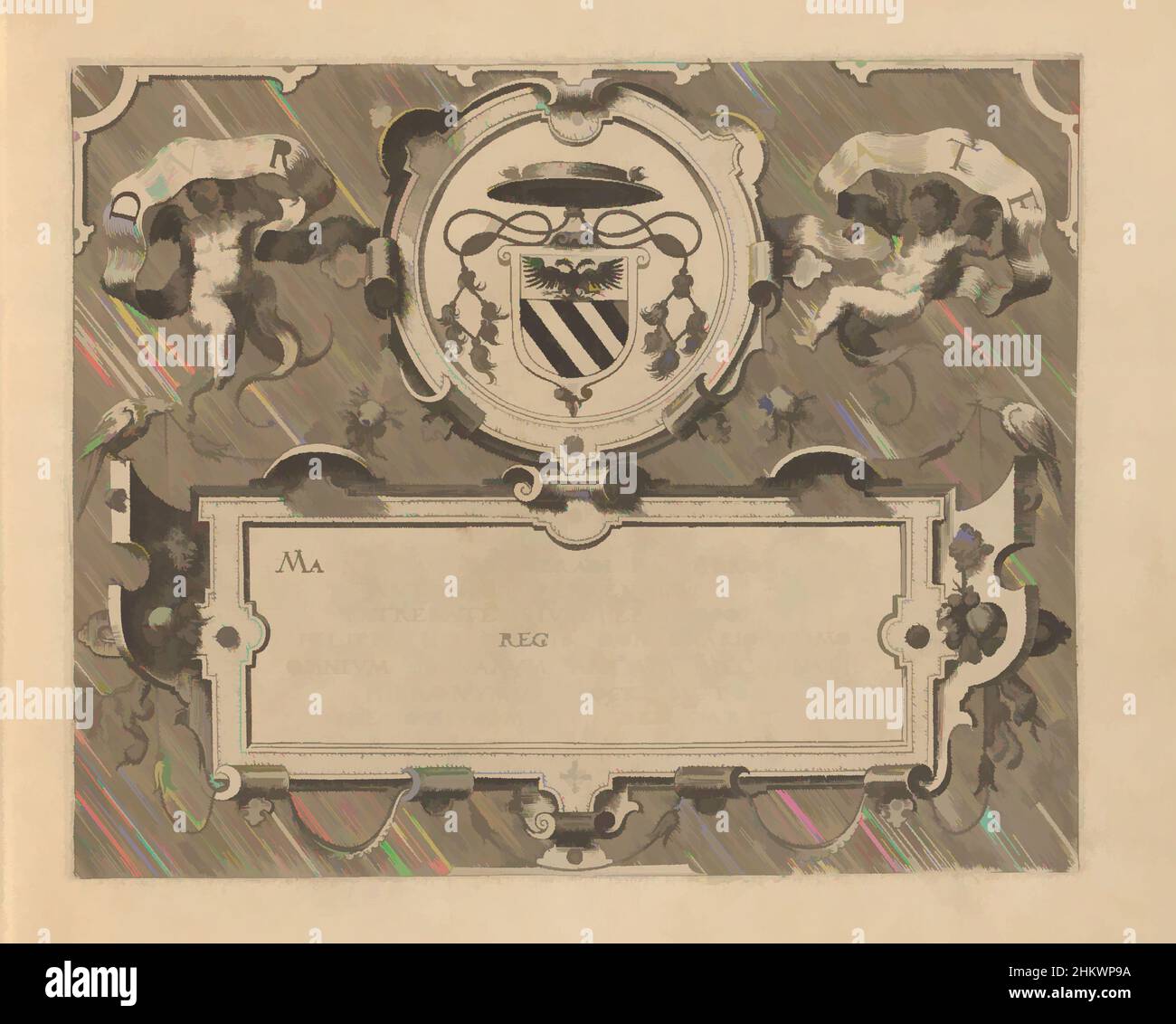 Arte ispirata a Double Cartouche con stemma e dedica, Architectura de Oorden Tusschana (titolo della serie), Scenographiae, Sive perspectivae (titolo della serie), Double Cartouche con in cima lo stemma di Antoine Perrenot, Cardinal de Granvelle, affiancato da due putti con a, Opere classiche modernizzate da Artotop con un tocco di modernità. Forme, colore e valore, impatto visivo accattivante sulle emozioni artistiche attraverso la libertà delle opere d'arte in modo contemporaneo. Un messaggio senza tempo che persegue una nuova direzione selvaggiamente creativa. Artisti che si rivolgono al supporto digitale e creano l'NFT Artotop Foto Stock